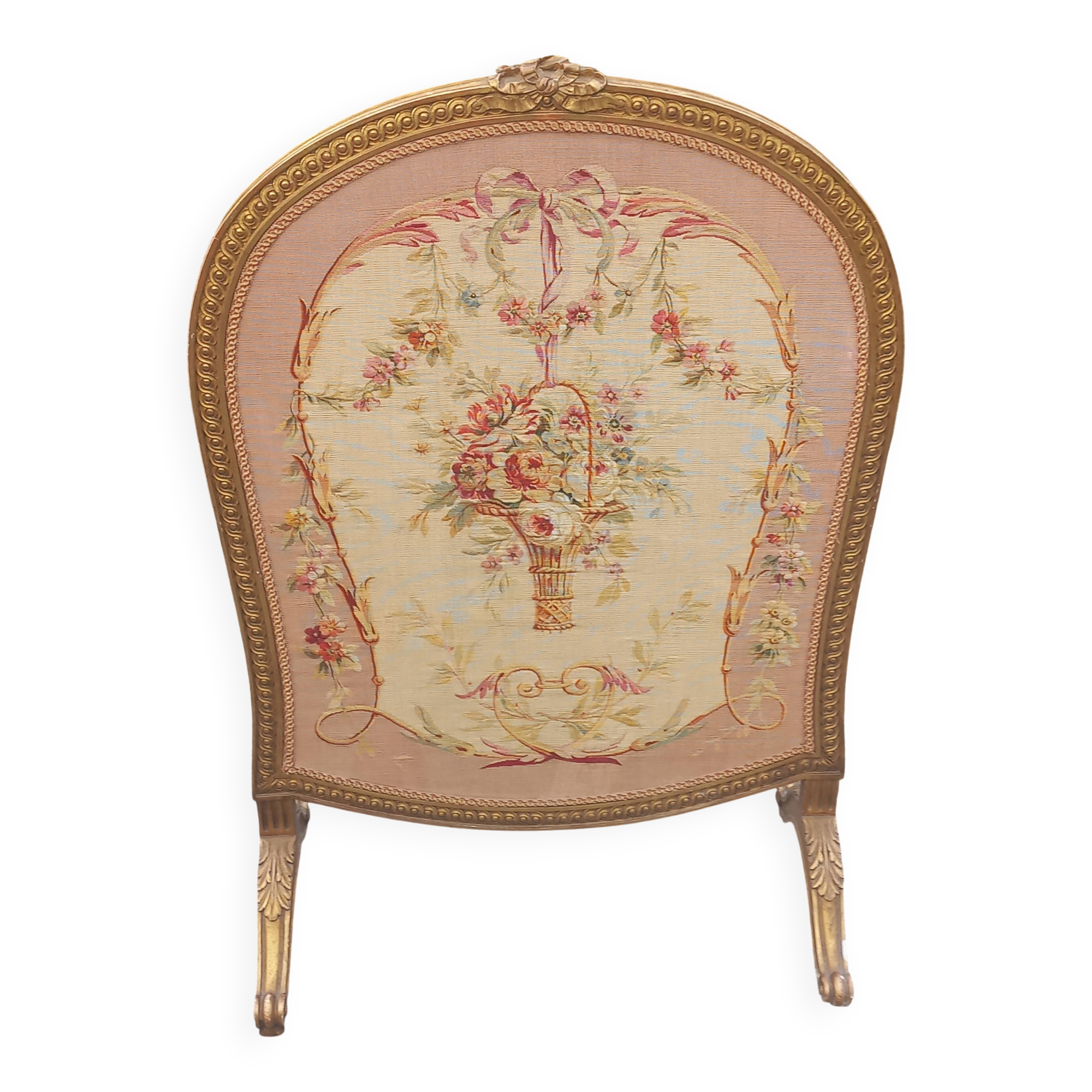 Golden wooden fireplace screen and Aubusson tapestry, 19th century.