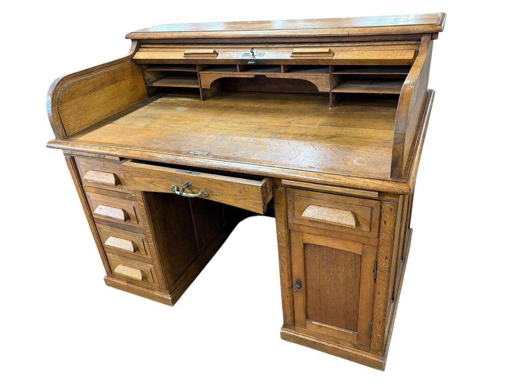 Vintage American desk made of solid wood with a curtain.