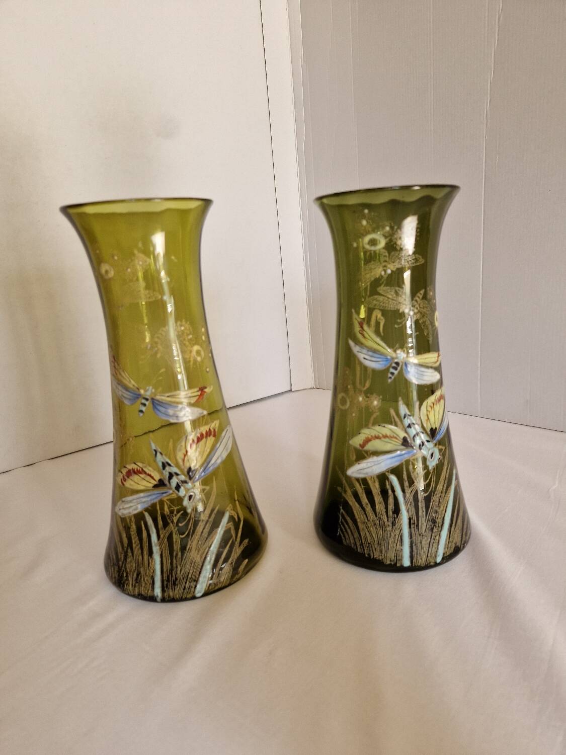 Pair of Enameled Glass Vases with Dragonflies. Unsigned Legras