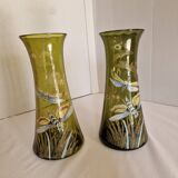 Pair of Enameled Glass Vases with Dragonflies. Unsigned Legras