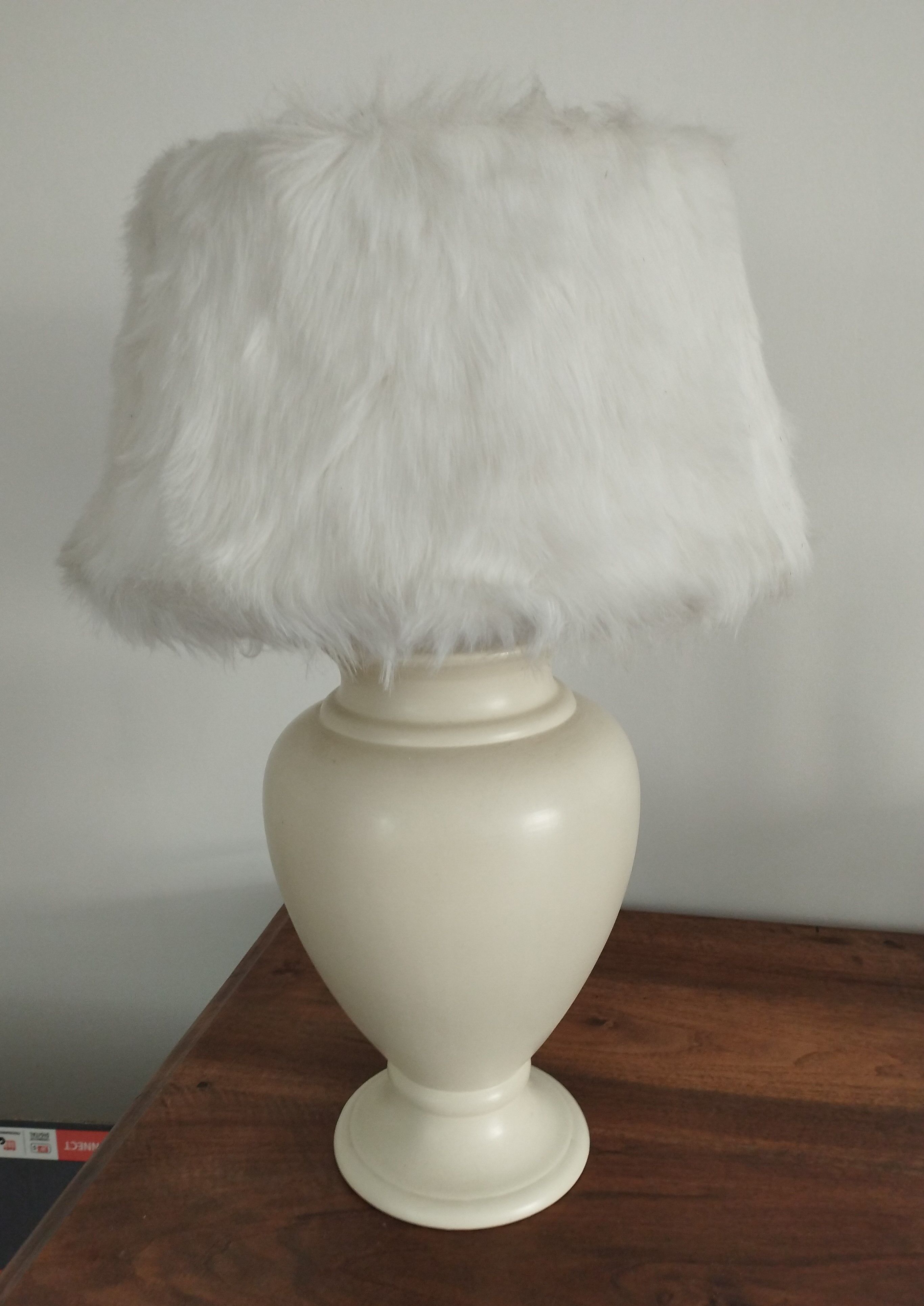 70s satin ceramic lamp and fur shade