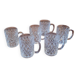 6 pressed glass mazagrans with a diamond pattern