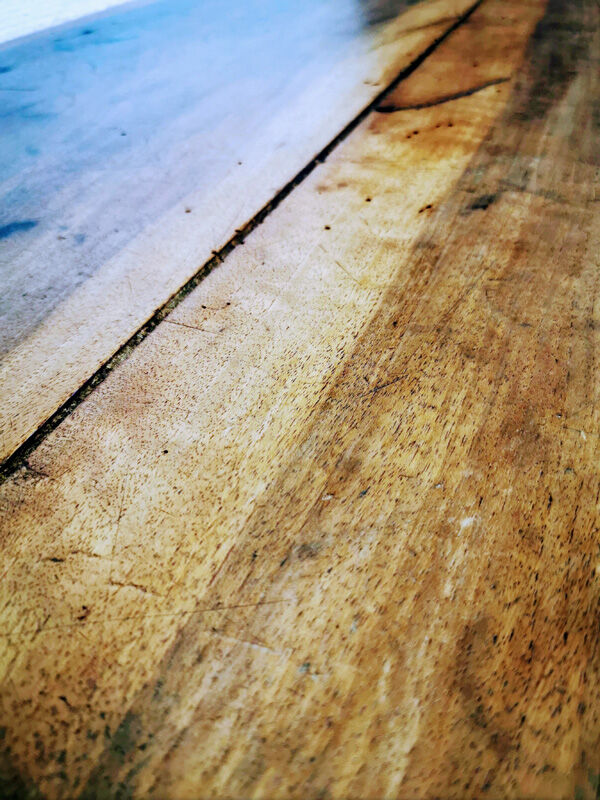 Old farm table with extension cords