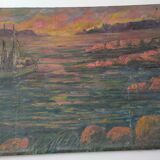 Oil on panel signed tourtet coastal landscape sailboat
