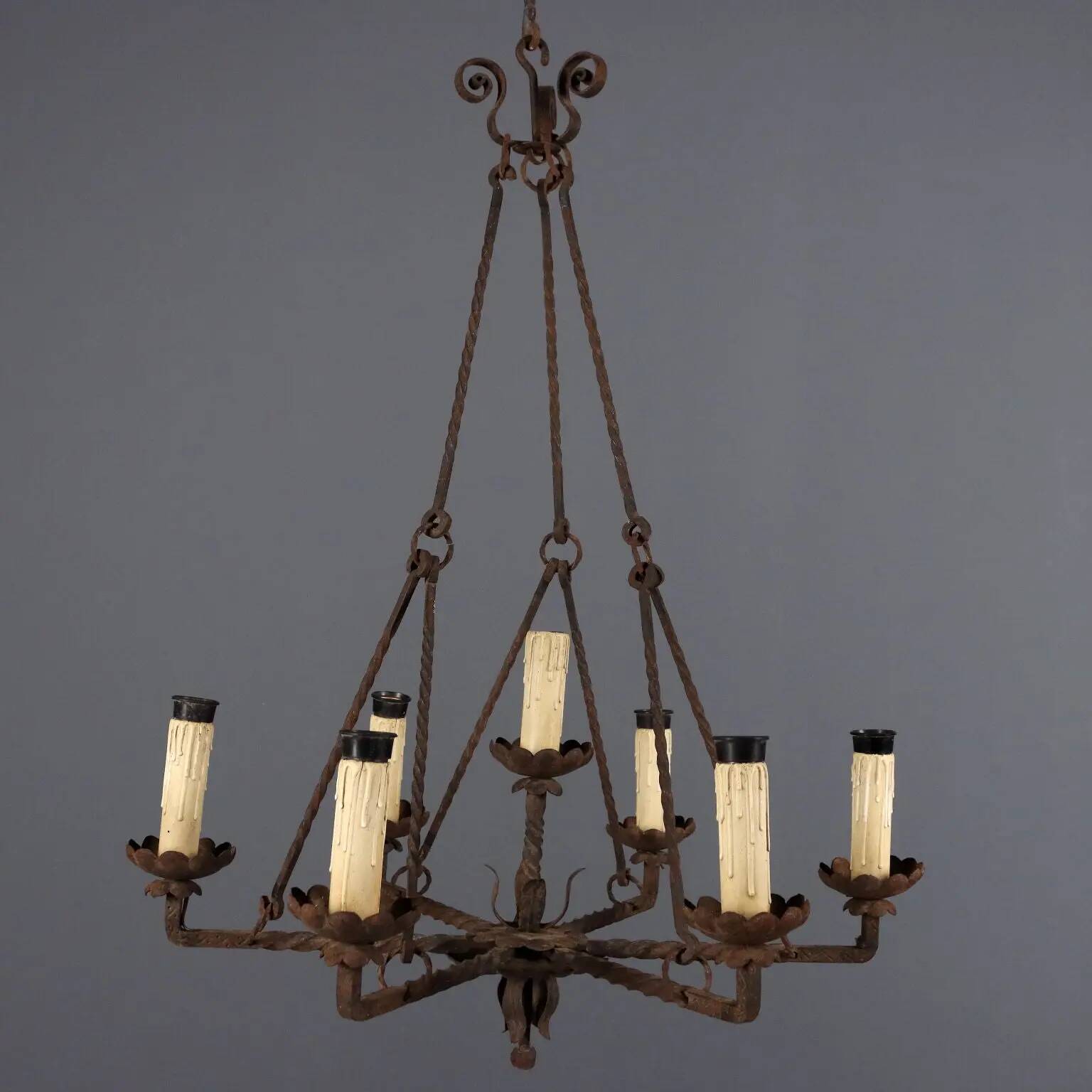 Antique wrought iron chandelier with 7 lights, Italy, 19th century.