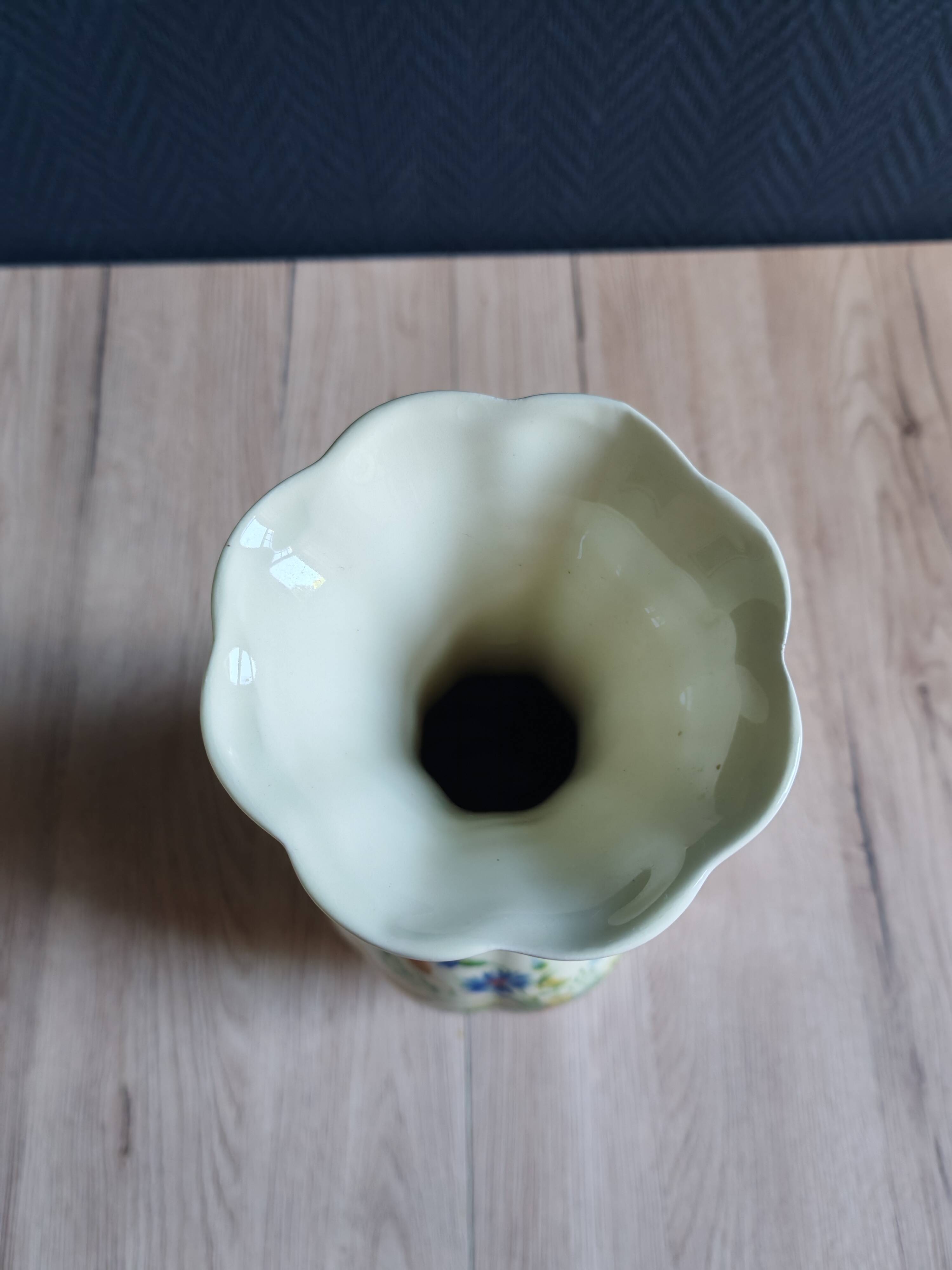 Vintage White Broken Ceramic Vase with Floral Pattern, Ribbed Vase