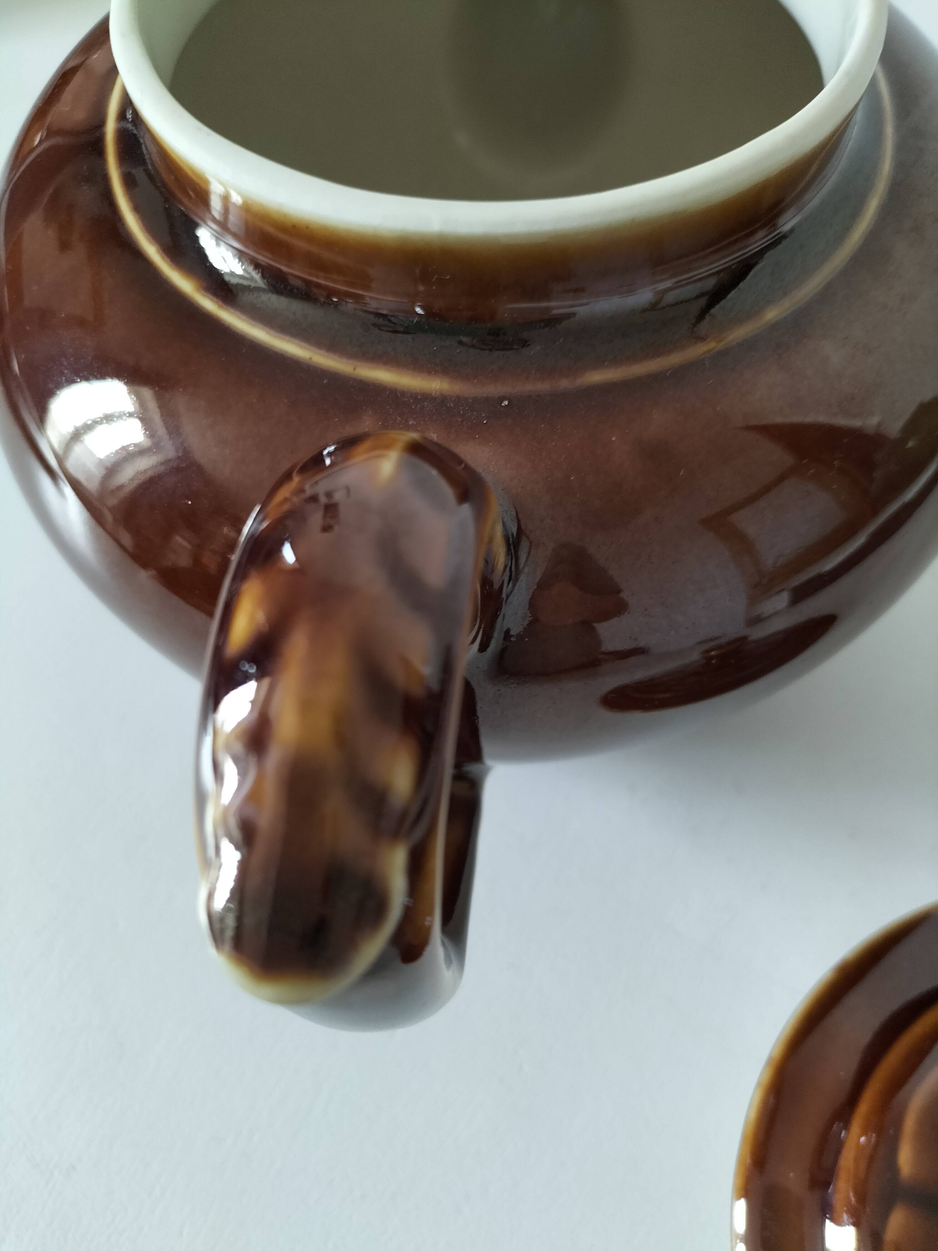 Vintage brown glazed earthenware teapot, mid-century sculptural decor.