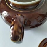 Vintage brown glazed earthenware teapot, mid-century sculptural decor.