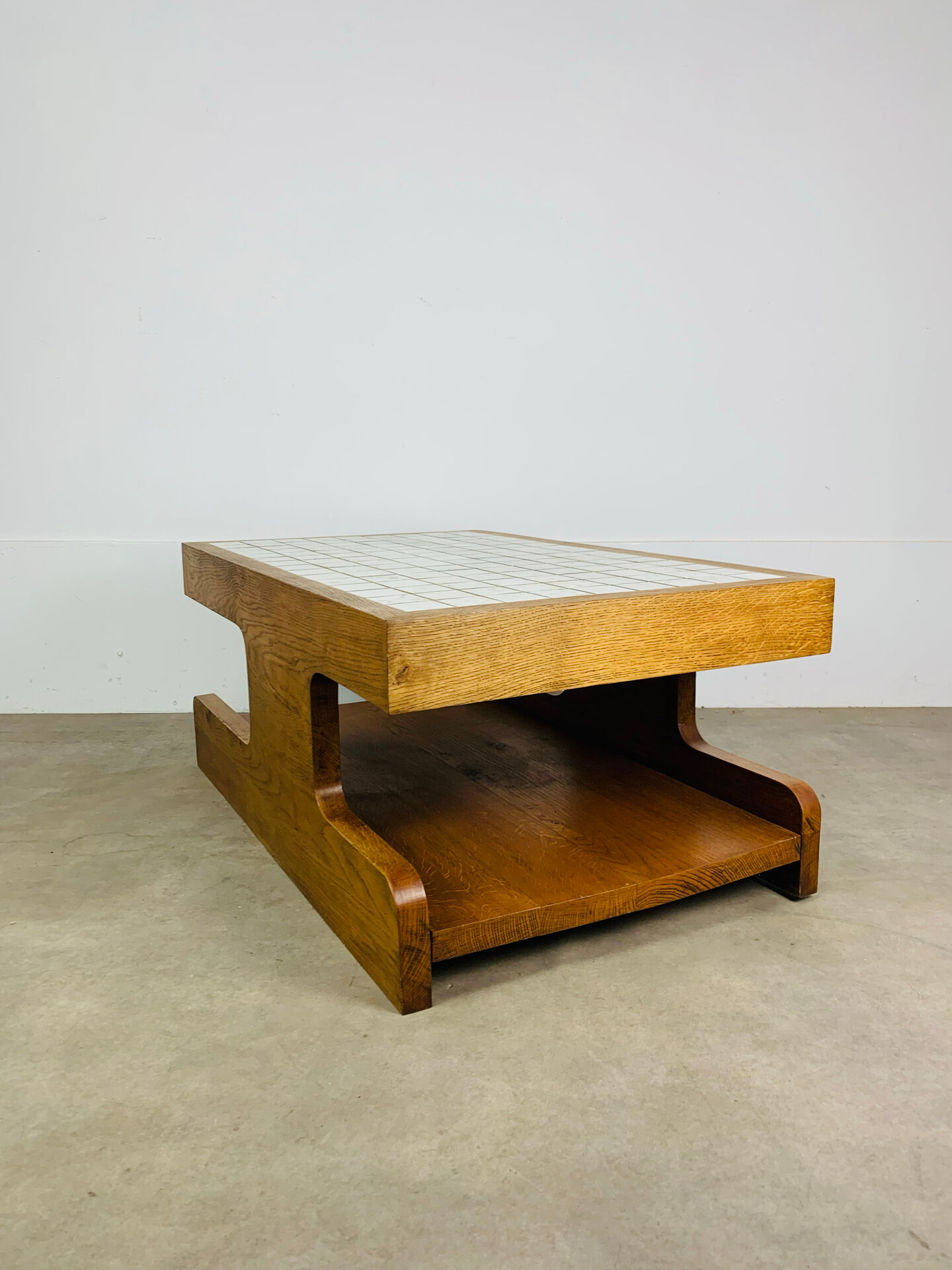 Brutalist coffee table made of solid wood from the 1970s.