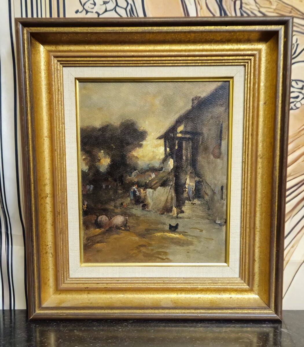 French school – Animated farm scene – Oil on panel