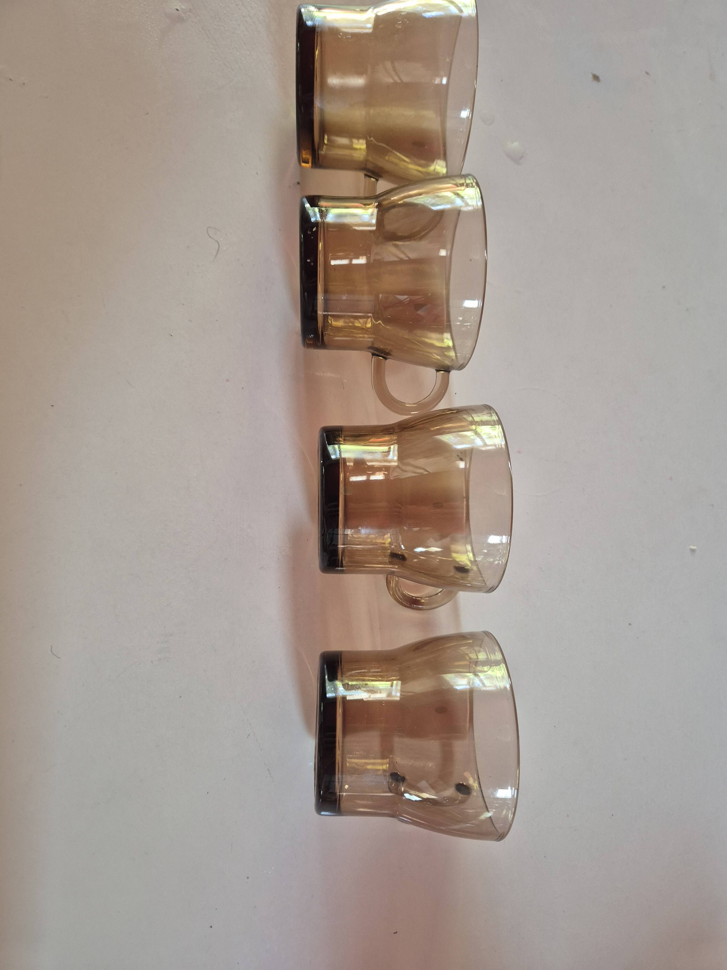 set of 4 vintage brown smoked glass cups with handles