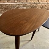 Pair of tripod and nesting coffee tables in walnut and midnight blue