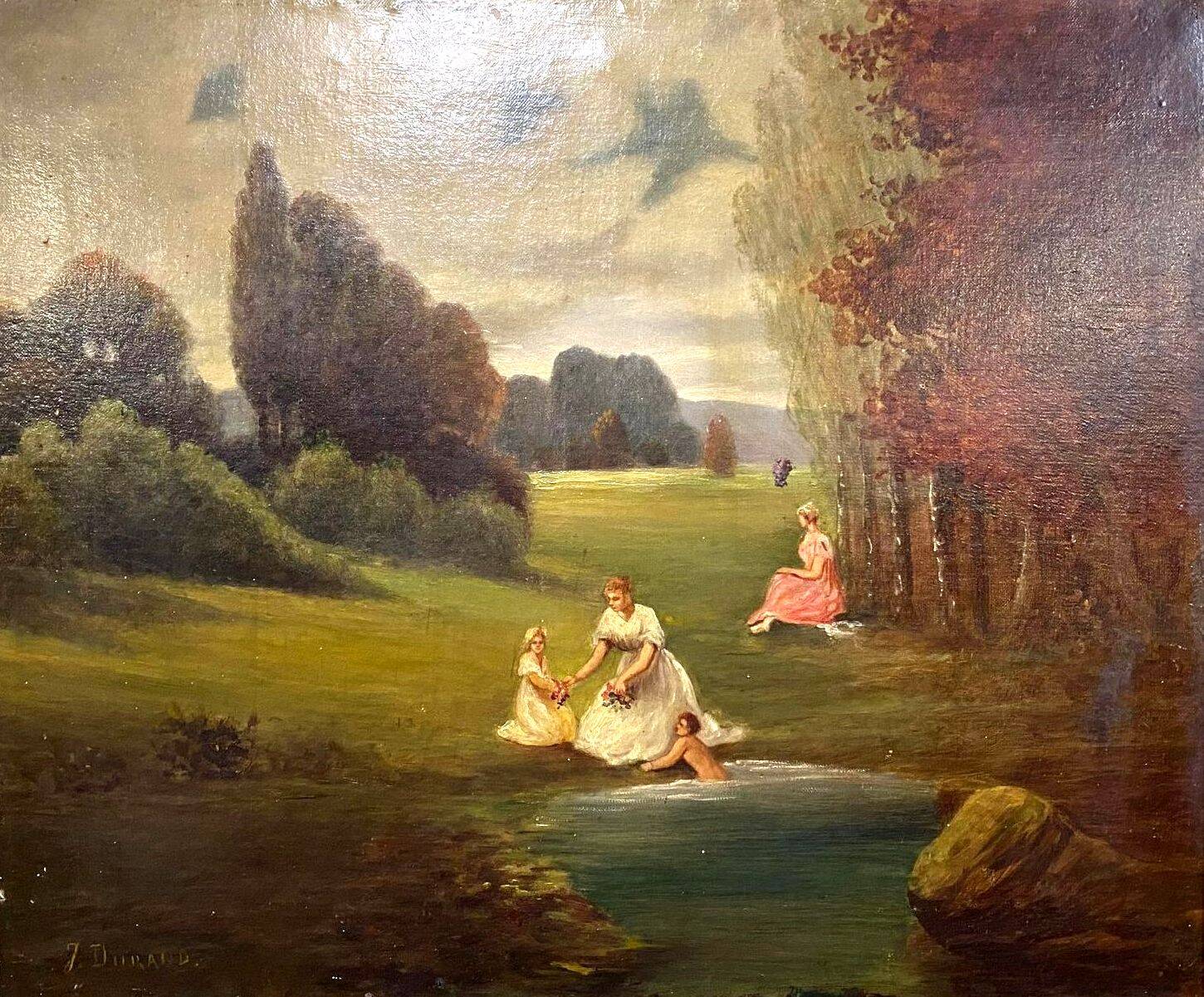 École Française vers 1880 : paysage lacustre animé signé J Durand