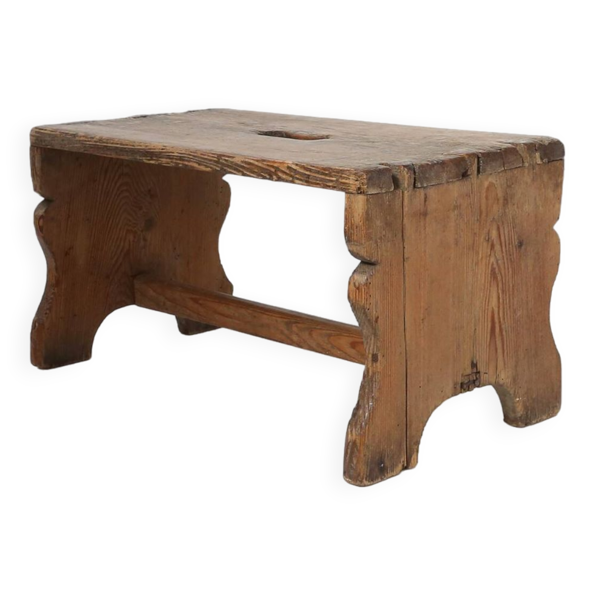 Rustic French wooden stool with beautiful patina, ca. 1900