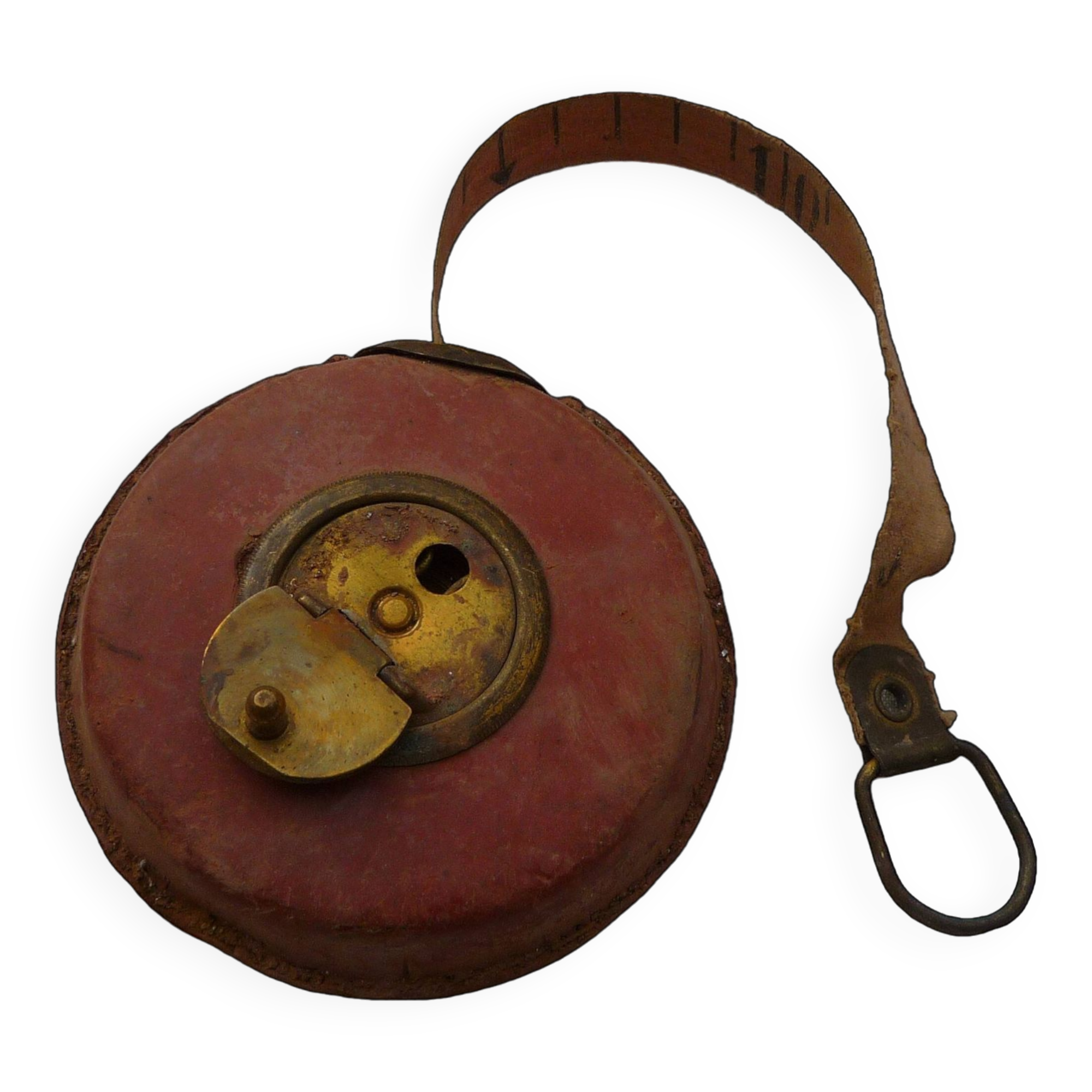 Ancien Mètre Ruban Décamètre Laiton Et Cuir 9,70m