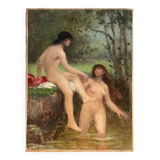 Tableau ancien femmes au bain