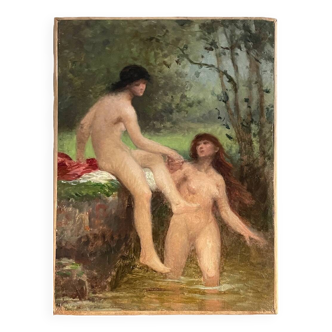 Tableau ancien femmes au bain