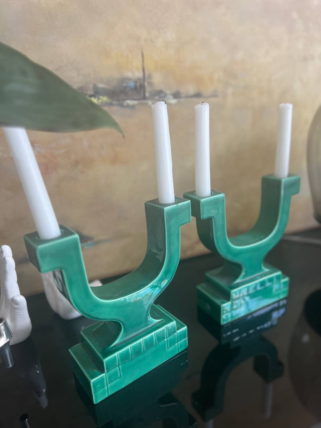 Set of 2 Art Deco candlesticks in green earthenware