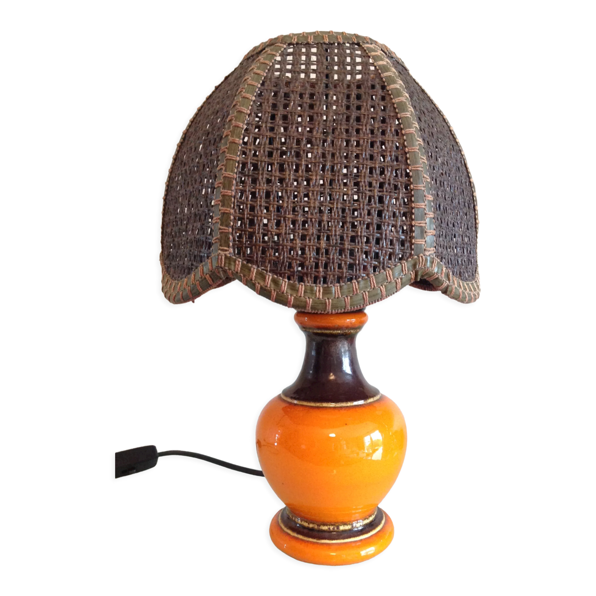 Orange ceramic lamp and brown canned lampshade by Pan Keramik / 60s-70s