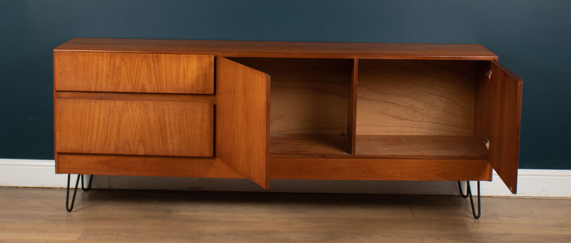 Retro Teak 1960s White & Newton Style S Form Sideboard Cabinet On Hairpin Legs