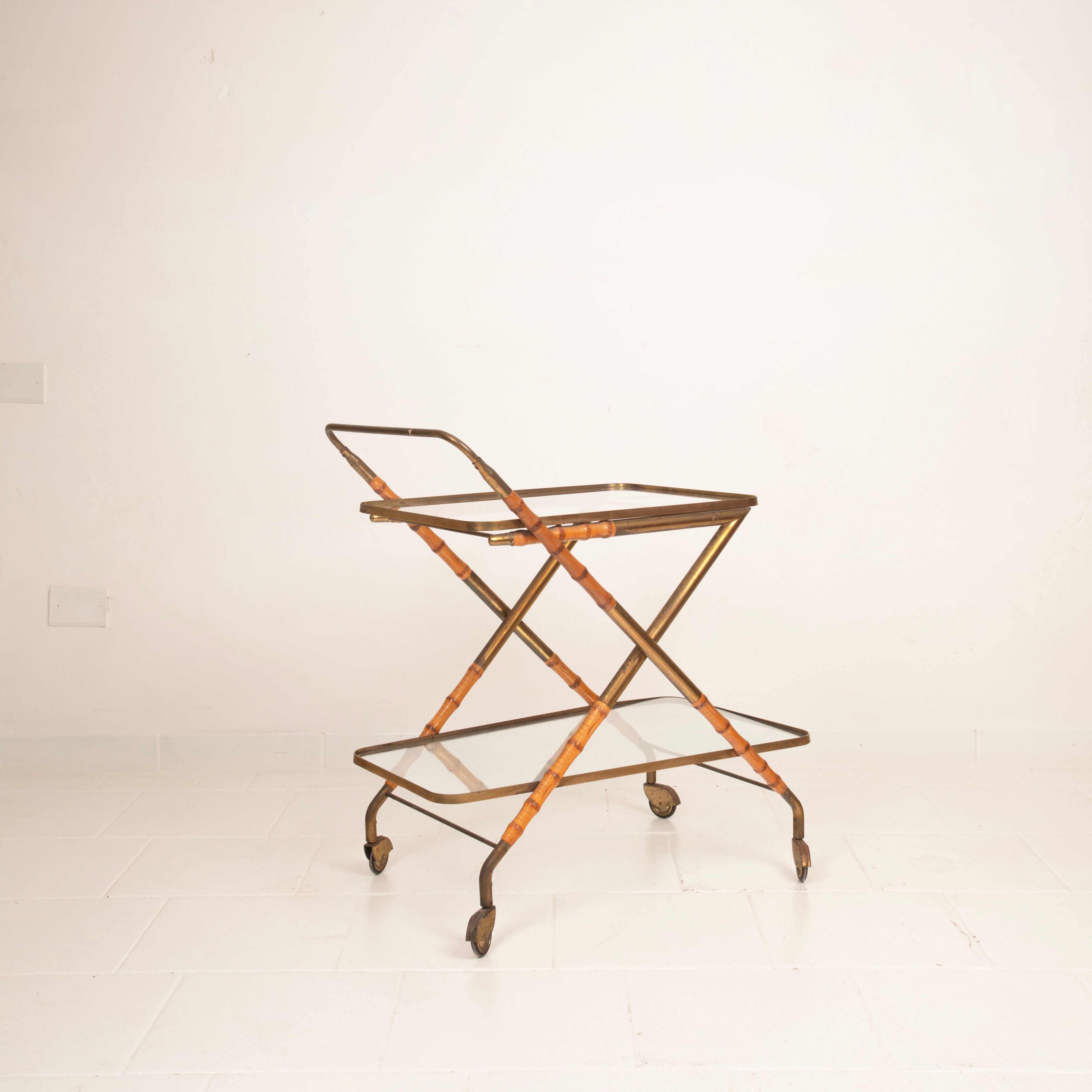 Cesare Lacca Cart in Faux Bamboo and Brass, 1950