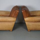 Pair of French Cognac Moustache Back Leather Club Chairs, 1940s