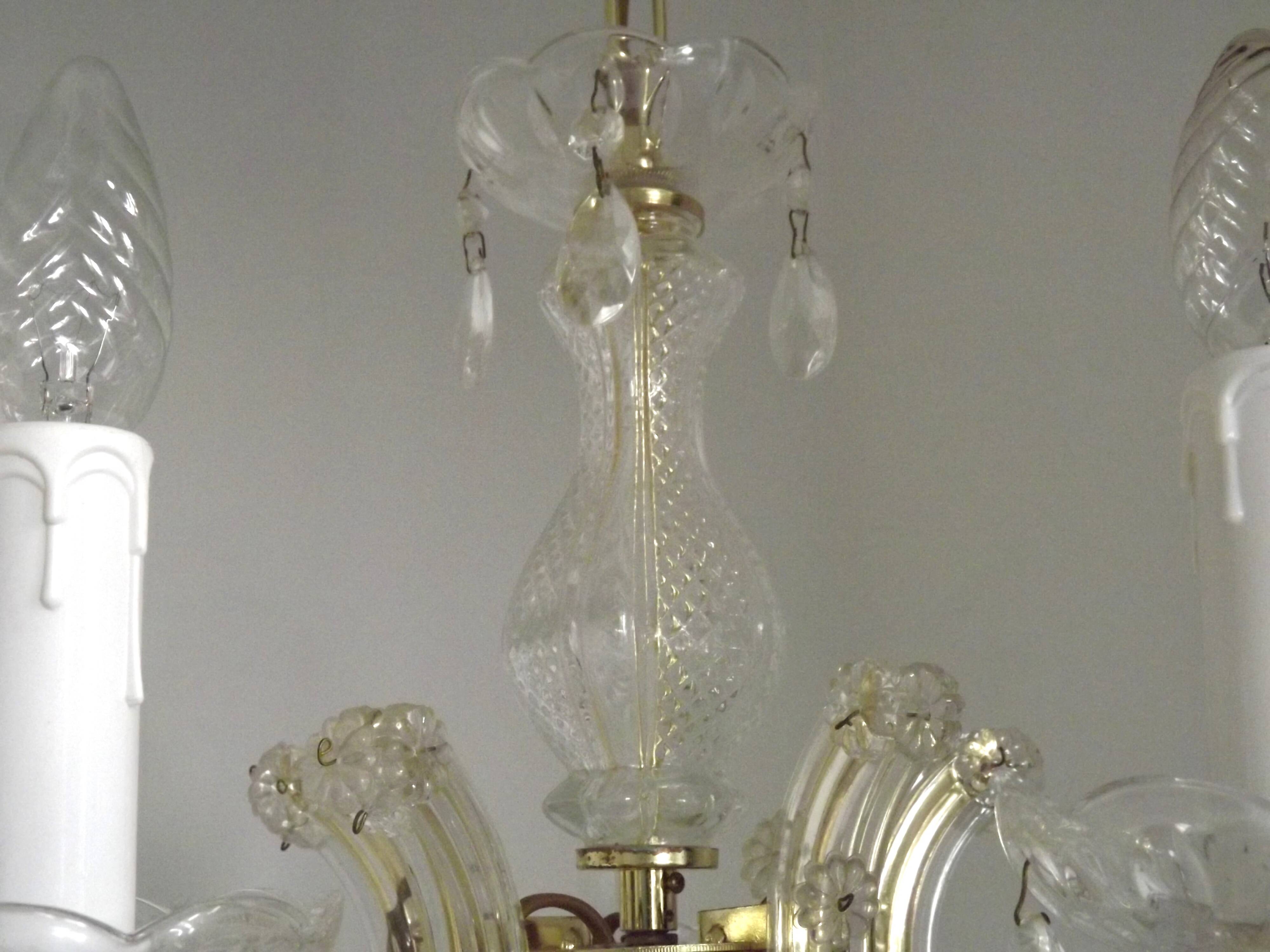 Vintage French Metal Crystal and Glass 5 Arm Paris Chic Style Chandelier