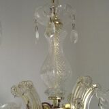 Vintage French Metal Crystal and Glass 5 Arm Paris Chic Style Chandelier