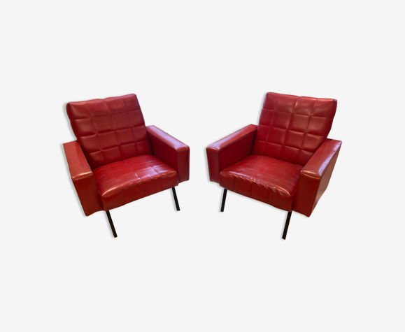 2 fauteuils 70s en skaï rouge