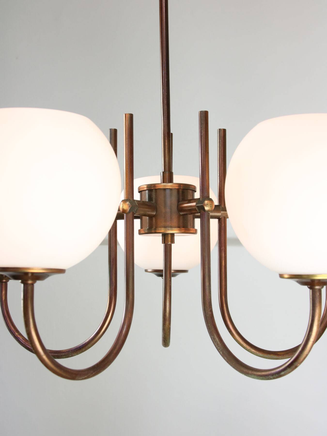 Vintage Italian Brass and Opaline Chandelier in Copper Color, 70s