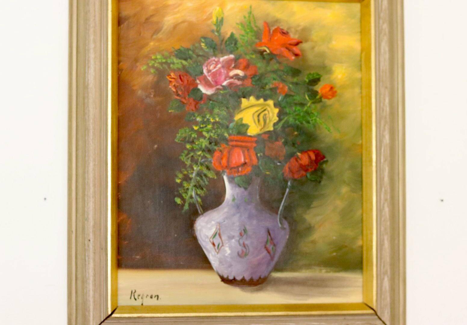 Original Swedish oil on panel "Flowers" by Regran - Vintage & Framed