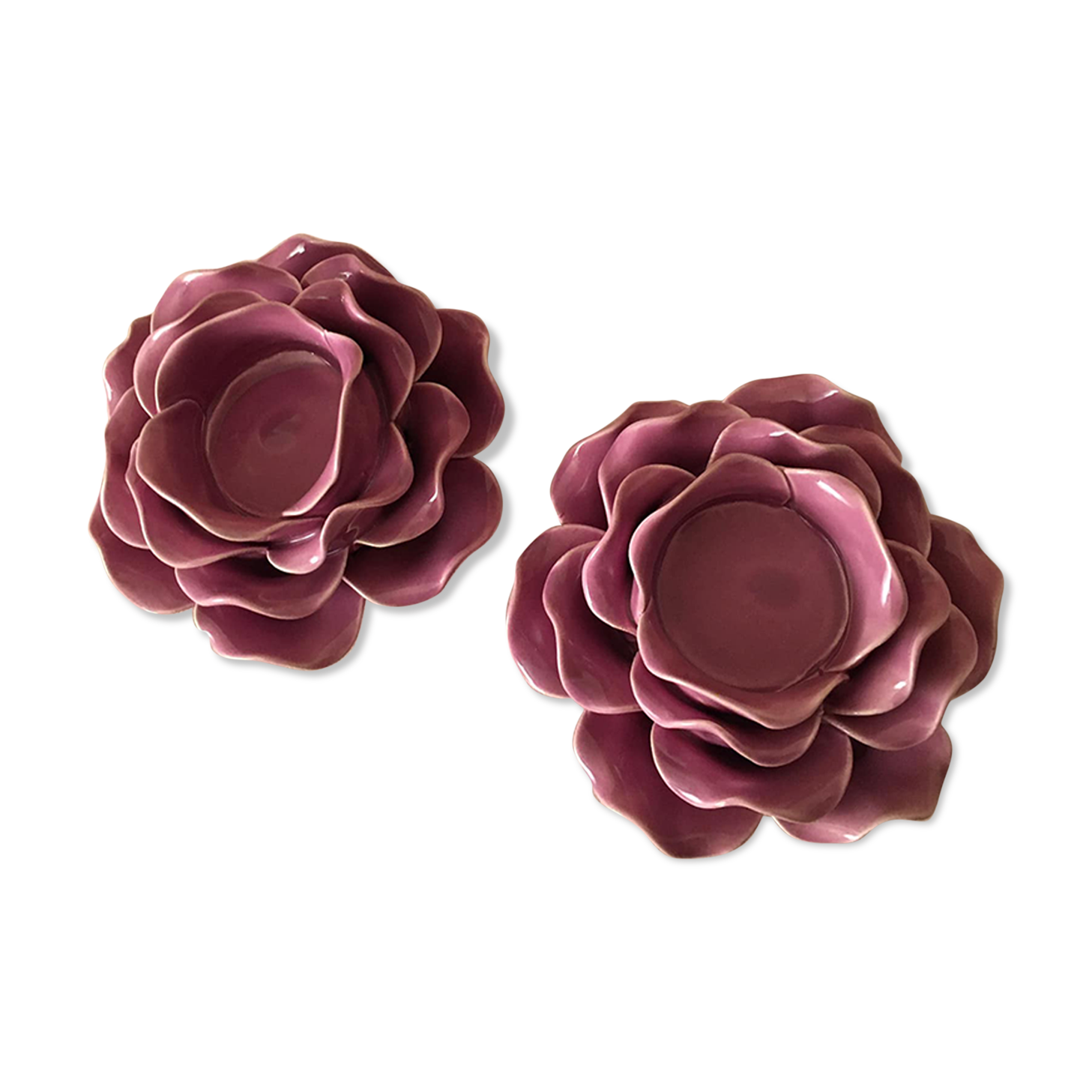 Duo of porcelain flower candle holders, old pink color