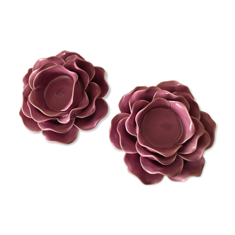 Duo of porcelain flower candle holders, old pink color