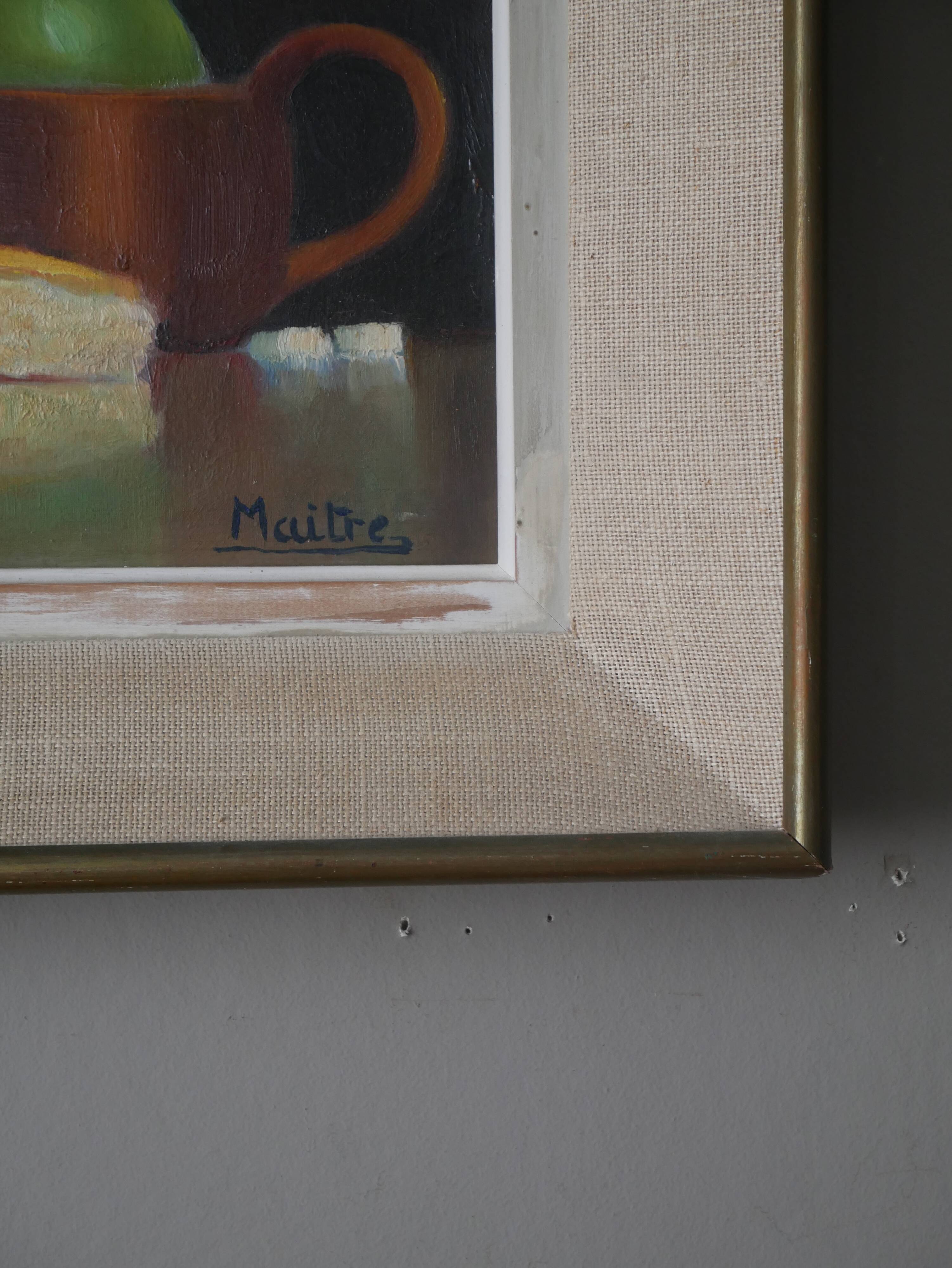 Painting still life old frame countryside decoration signed oil wooden panel lunch