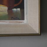 Painting still life old frame countryside decoration signed oil wooden panel lunch