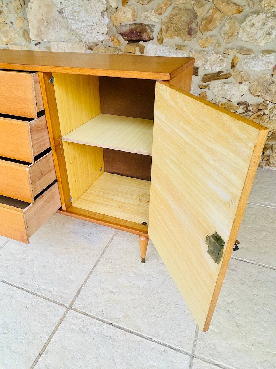 Large vintage chest of drawers with 4 drawers and oak storage, circa 1960s.