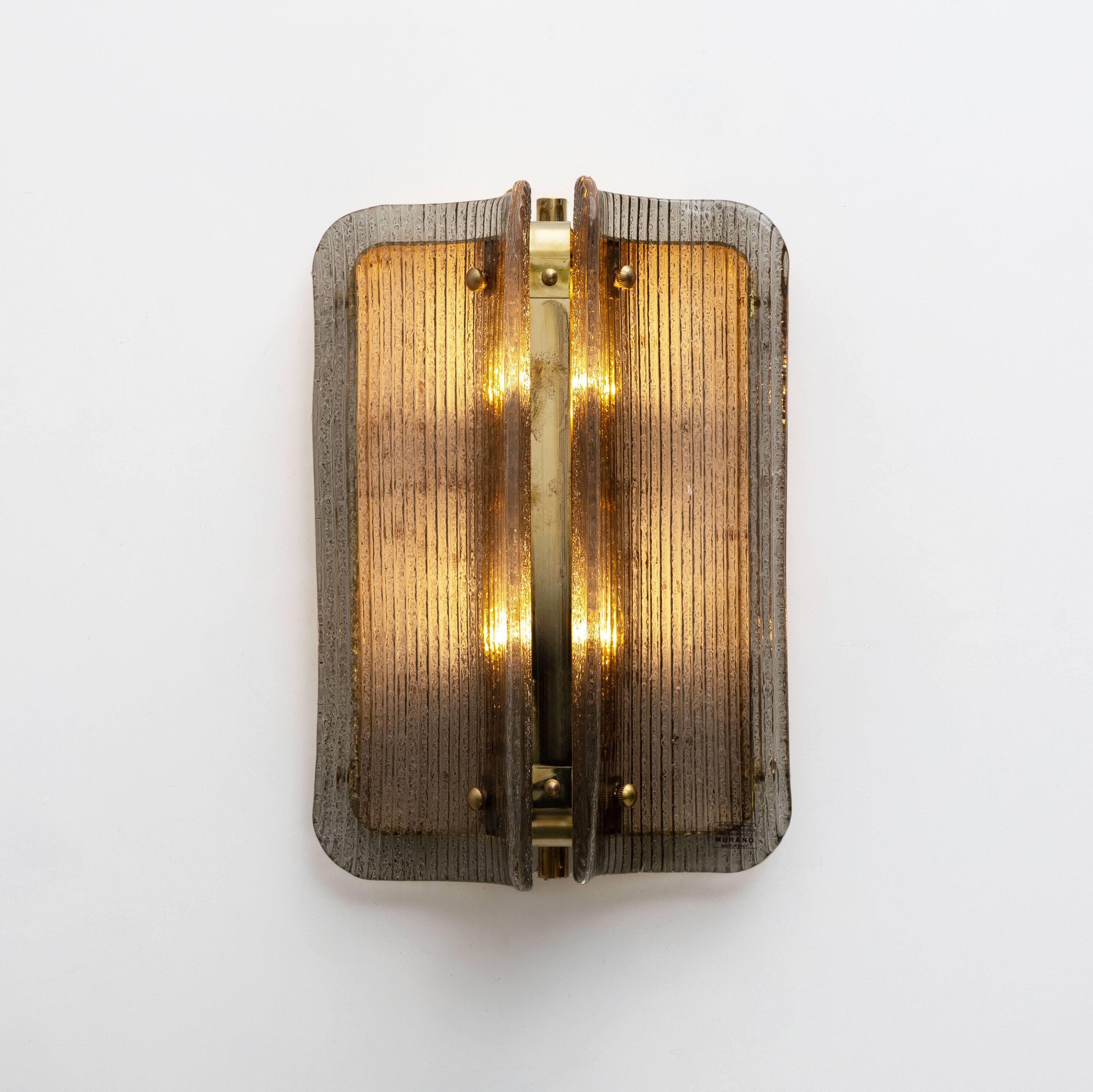 Pair of Curved Ribbed Grey Murano Glass and Brass Wall Sconces