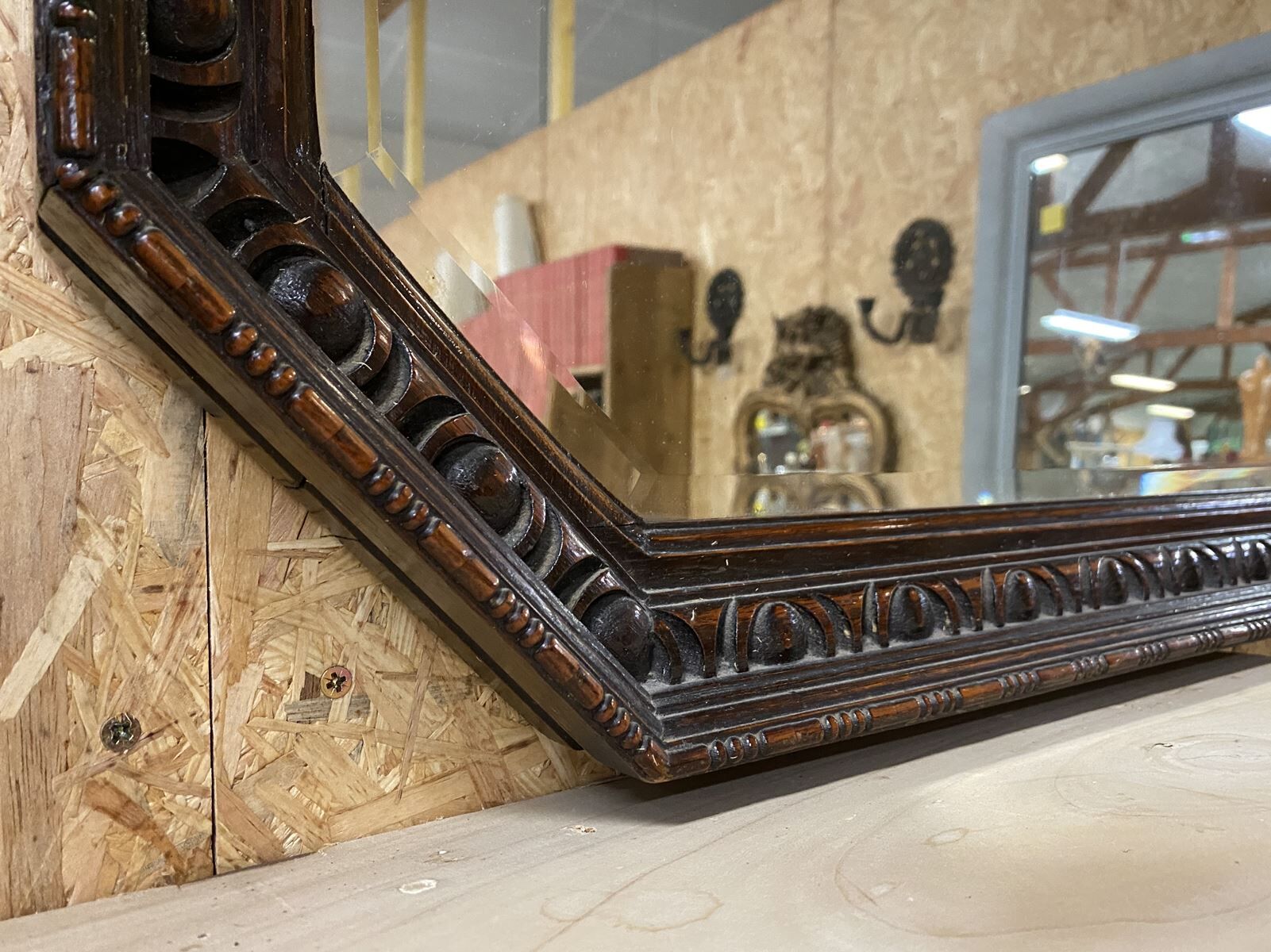 Bevelled English mirror, oak frame, 1930