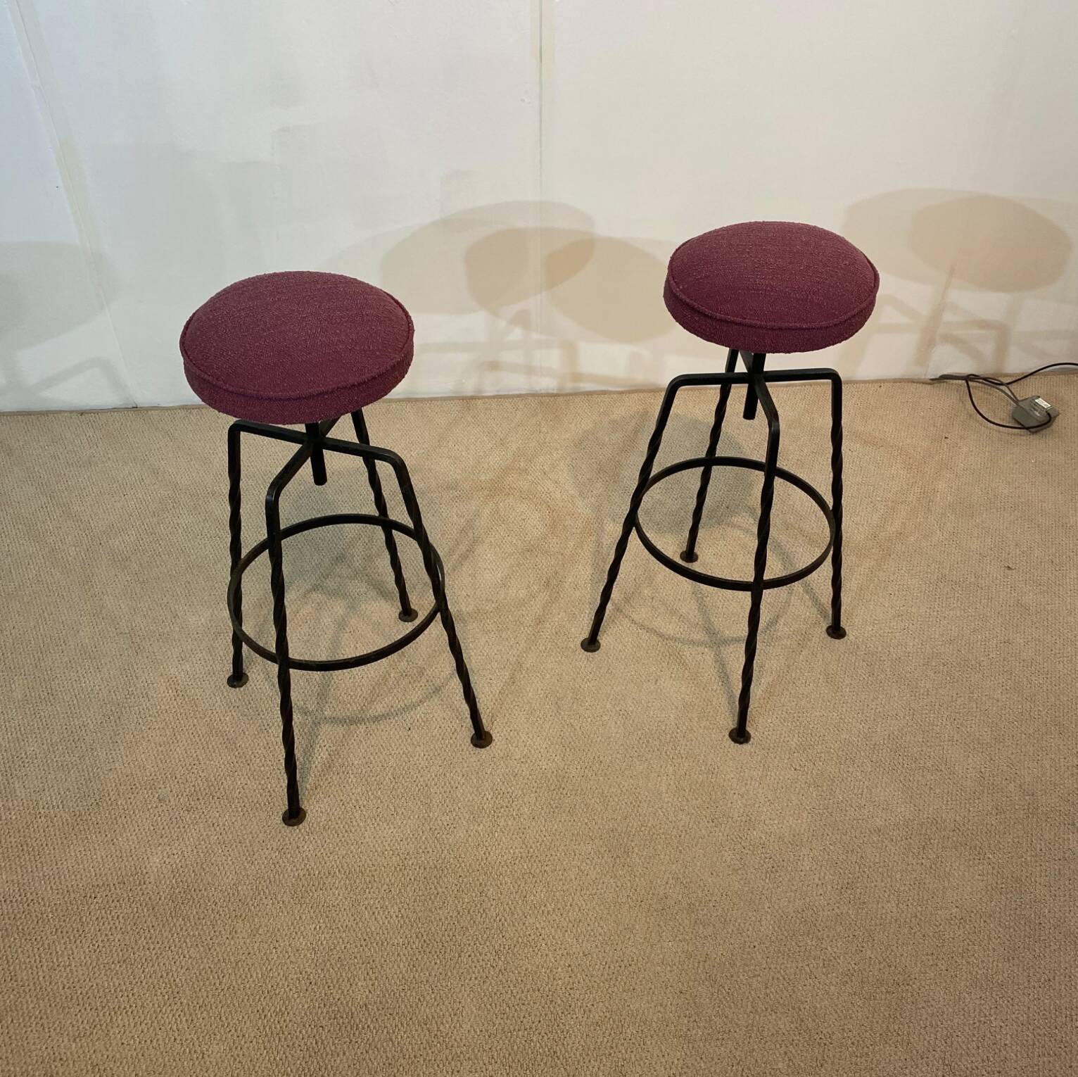 Pair Maroon Boucle Iron Swivel Bar Stools Midcentury Italian Vintage 1950s