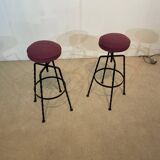 Pair Maroon Boucle Iron Swivel Bar Stools Midcentury Italian Vintage 1950s