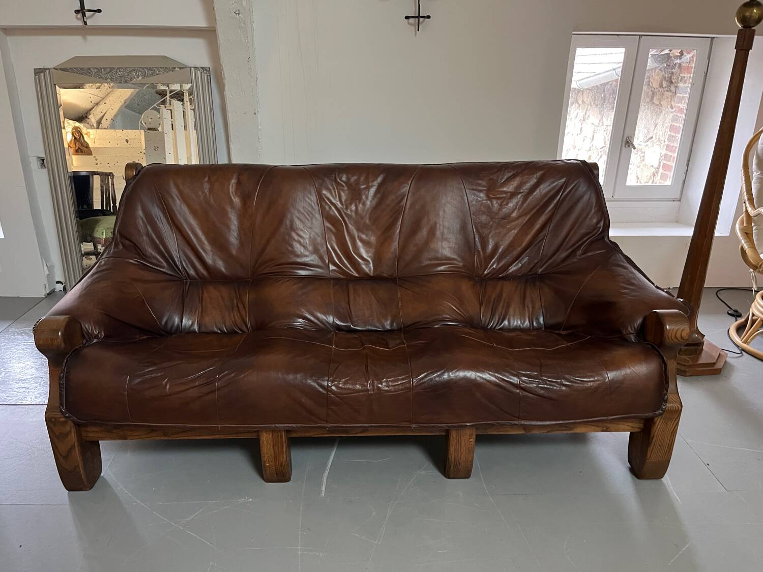 1960s Sofa and 2 Armchairs Set in Wood and Leather