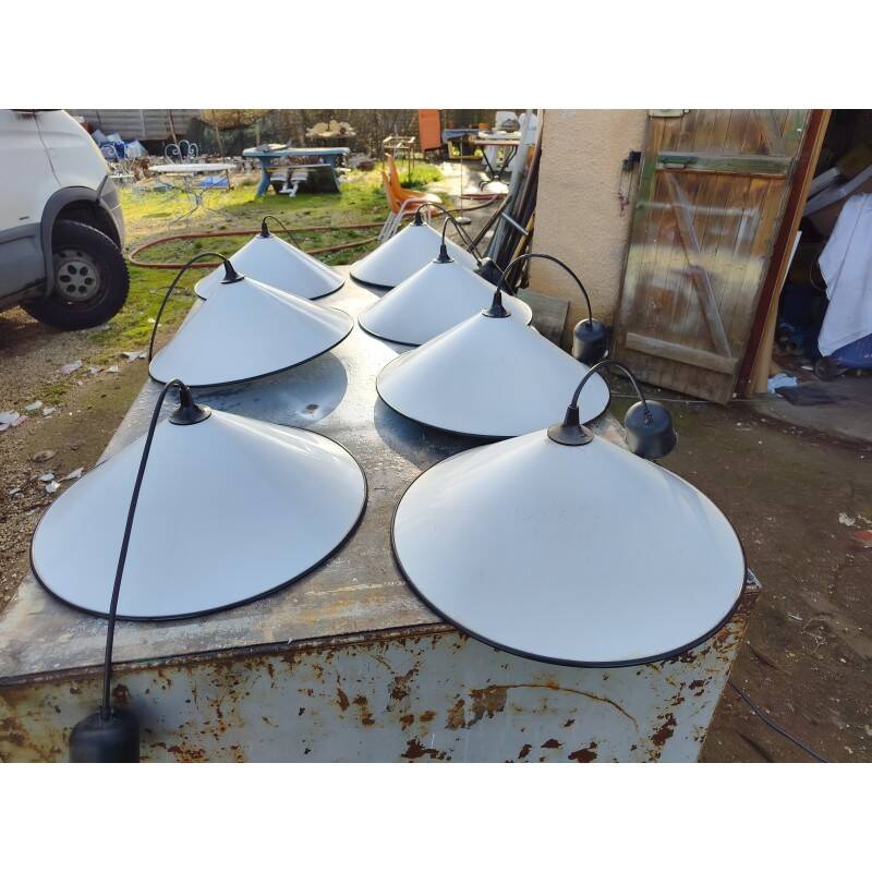 Set of 7 industrial enamelled metal pendant lights