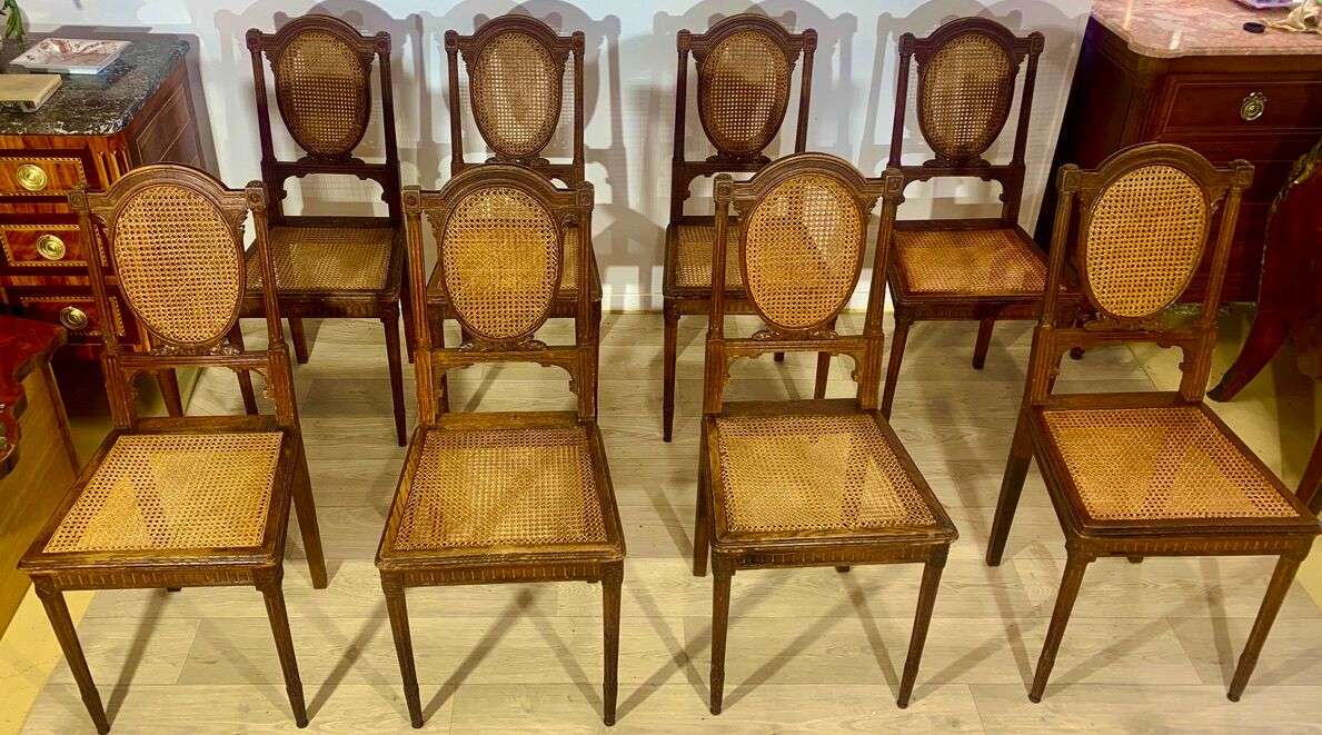 Canned chairs X 8, Louis XVI style, early XX, stamped Flandrin Paris