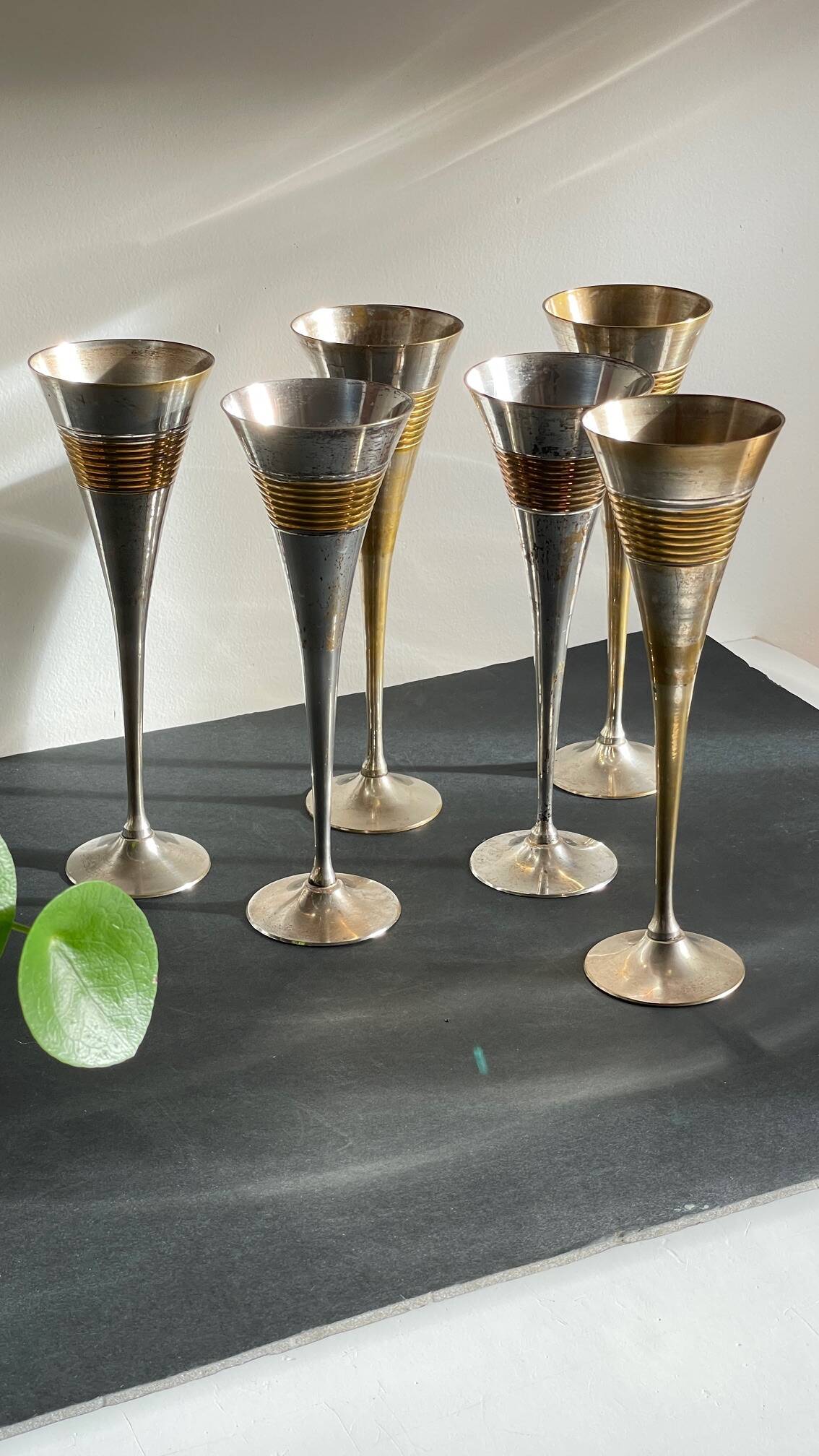 6 Vintage Silver-Plated Brass Champagne Flutes