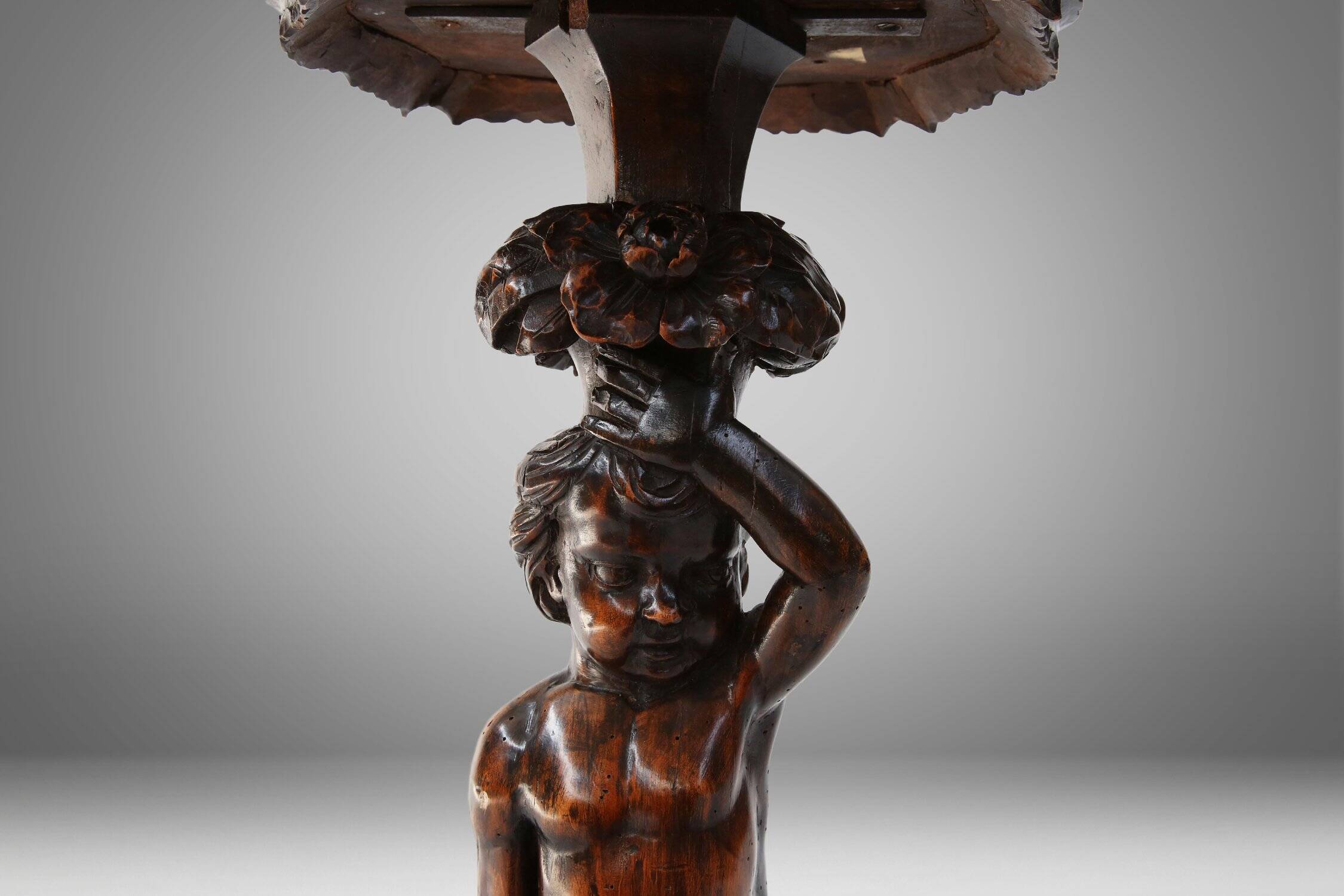 Carved Walnut Pedestal Table with Putto, France 1850s