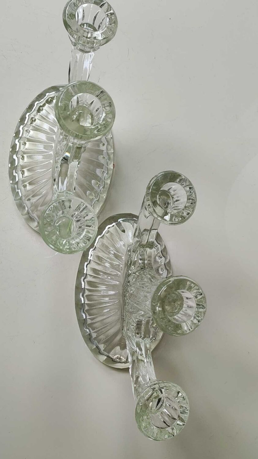 Pair of 3-spoke candlesticks, in art glass. Oberglas Austria. 50s