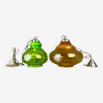 Pair Portuguese vintage green amber glass hanging lamps