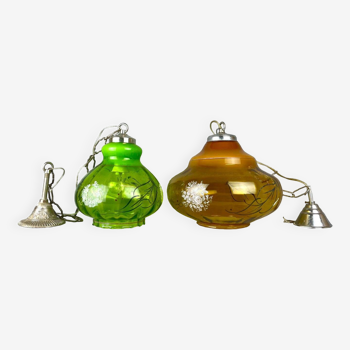 Paire de lampes suspendues portugaises vintage en verre ambré vert