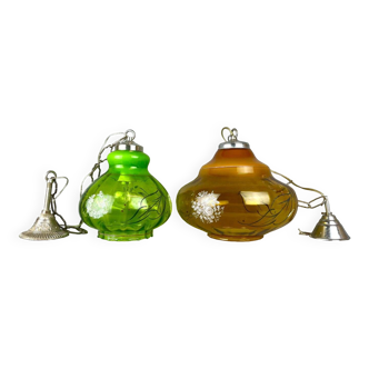 Pair Portuguese vintage green amber glass hanging lamps