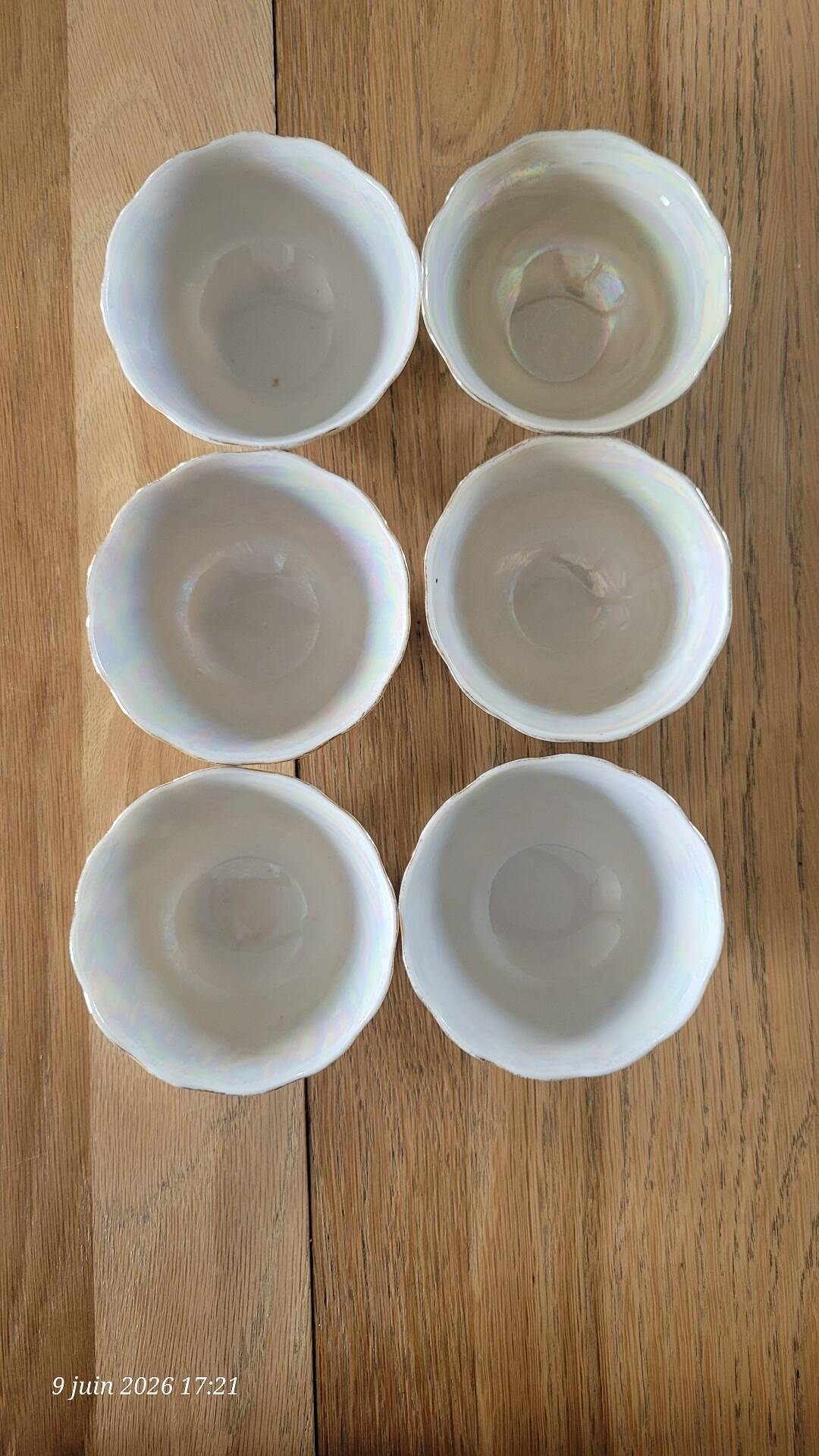 6 antique coffee cups in pearlescent porcelain